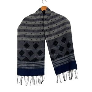 Italian Design‎ Cashmere Blend Scarf Gray Blue Geometric Fringe Winter Wrap